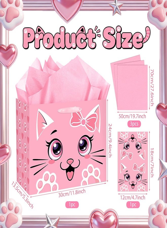 Woosytoo Pink Cat Gift Bag Cute Cat Birthday Gift Bag with Tissue Paper and Card Funny Meow Kitty Wrapping Paper Kawaii Heart Paw Print Gift Bags for Girls Kids Pets Cats Birthday Baby Shower Party Decor - Image 3
